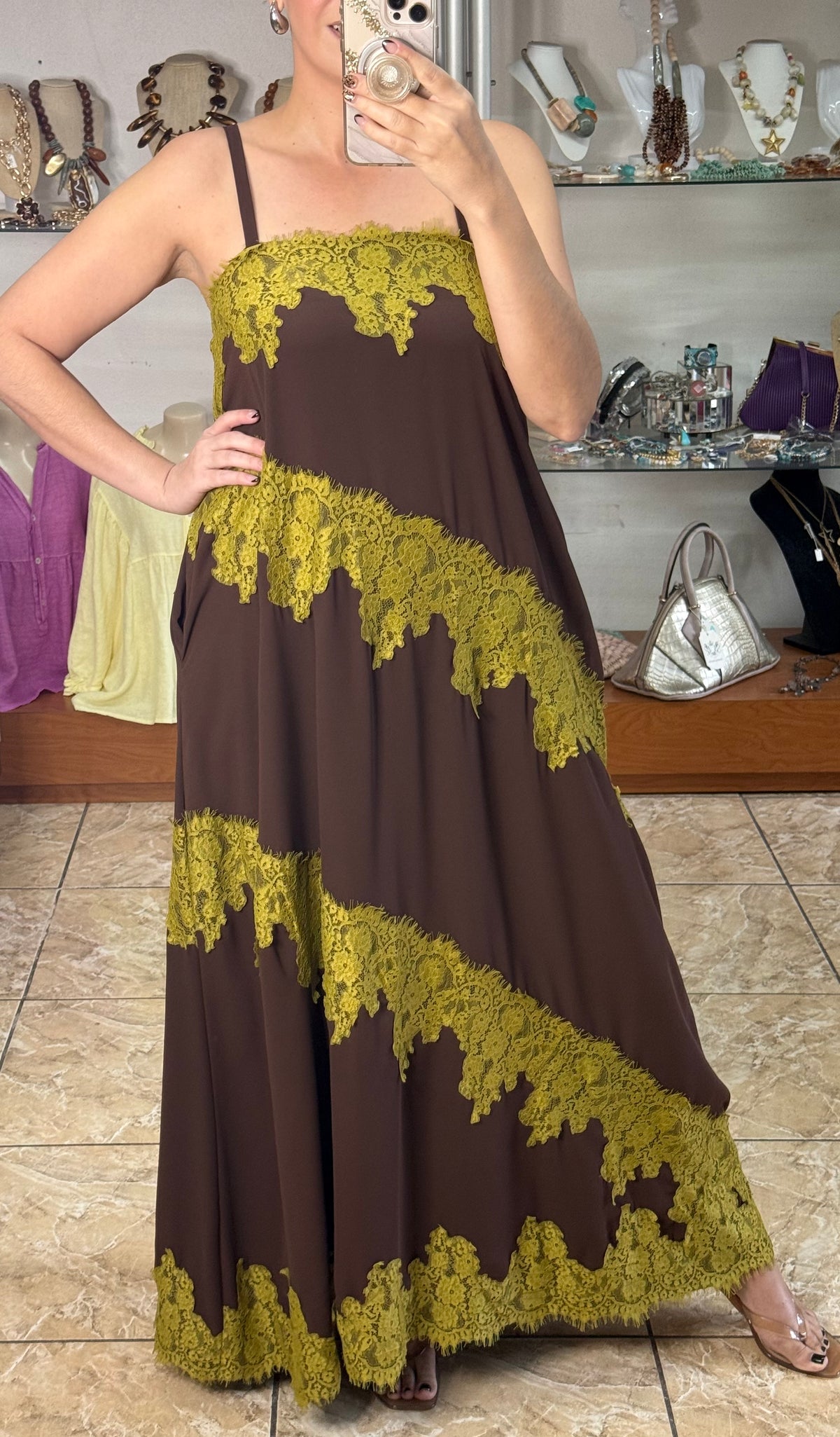 Lace Trim Chocolate Maxi Dress