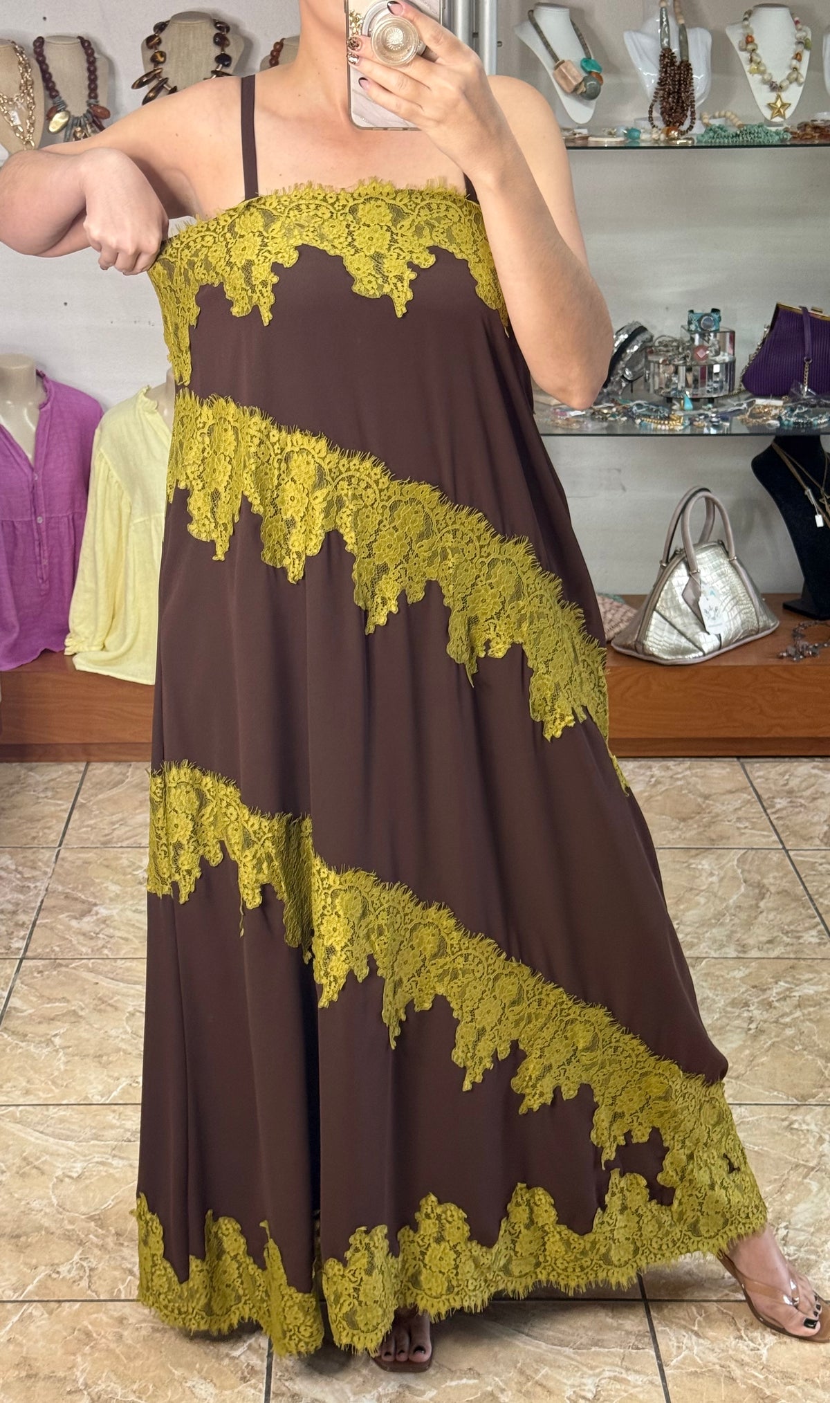 Lace Trim Chocolate Maxi Dress