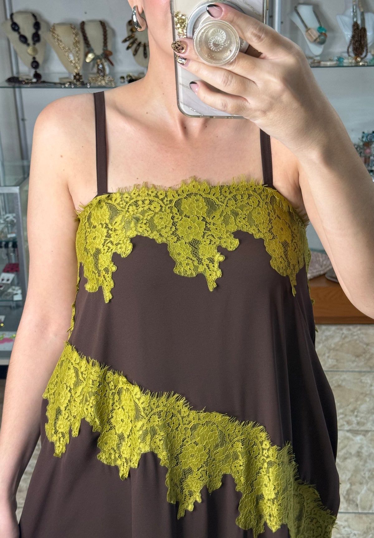 Lace Trim Chocolate Maxi Dress