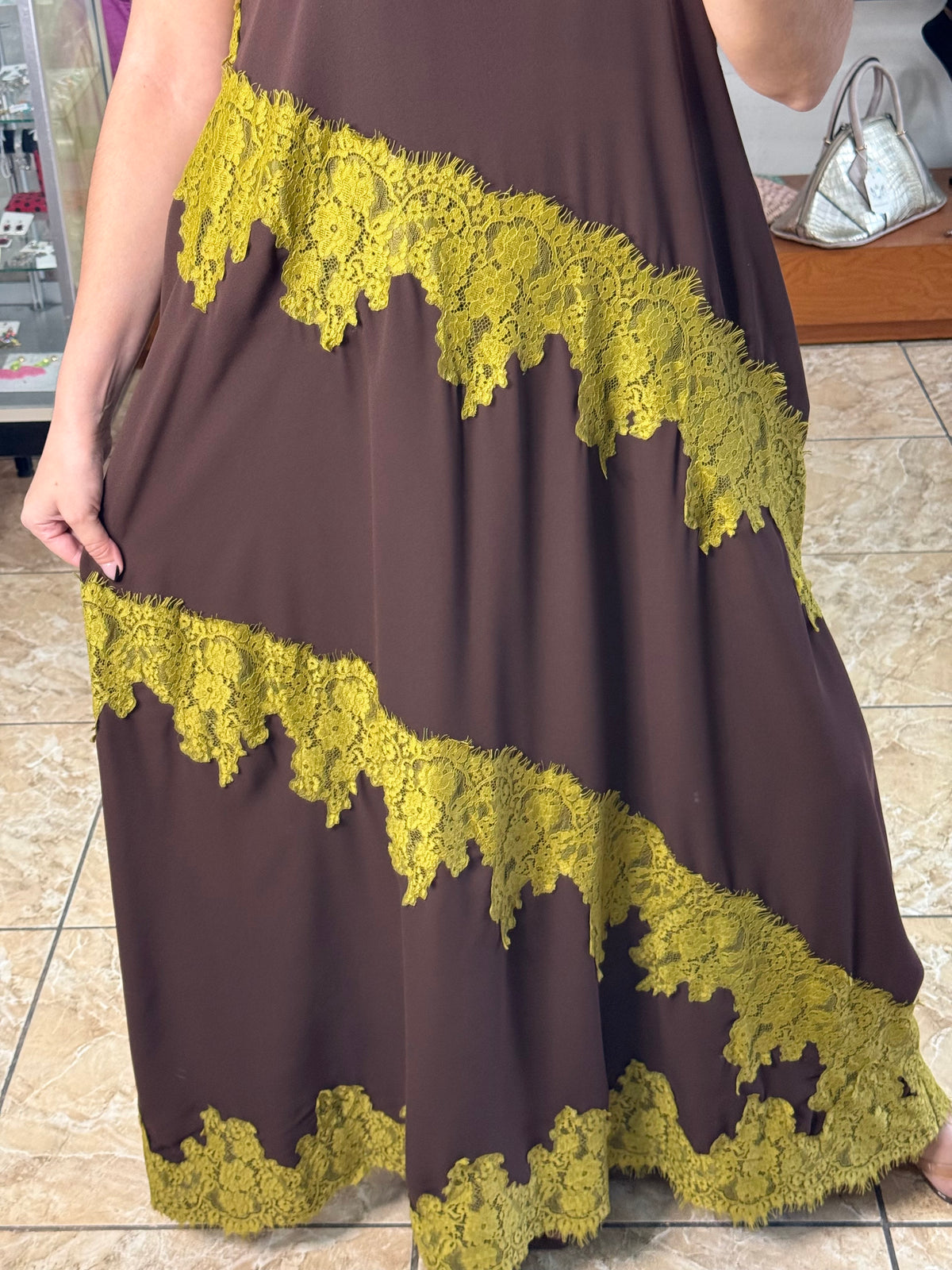 Lace Trim Chocolate Maxi Dress