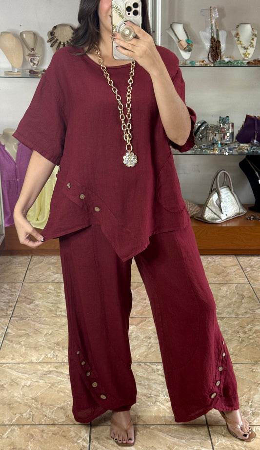 OS Asymmetrical Top & Pant Linen Set (NO RETURNS OR EXCHANGE)