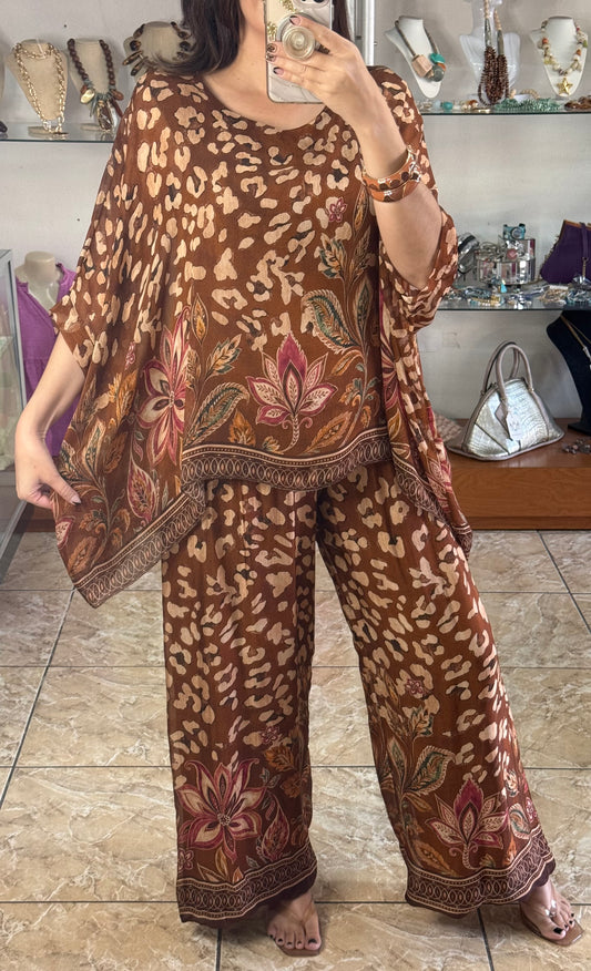 Leopard/Floral OS Silk Pant Set (NO RETURNS OR EXCHANGE)