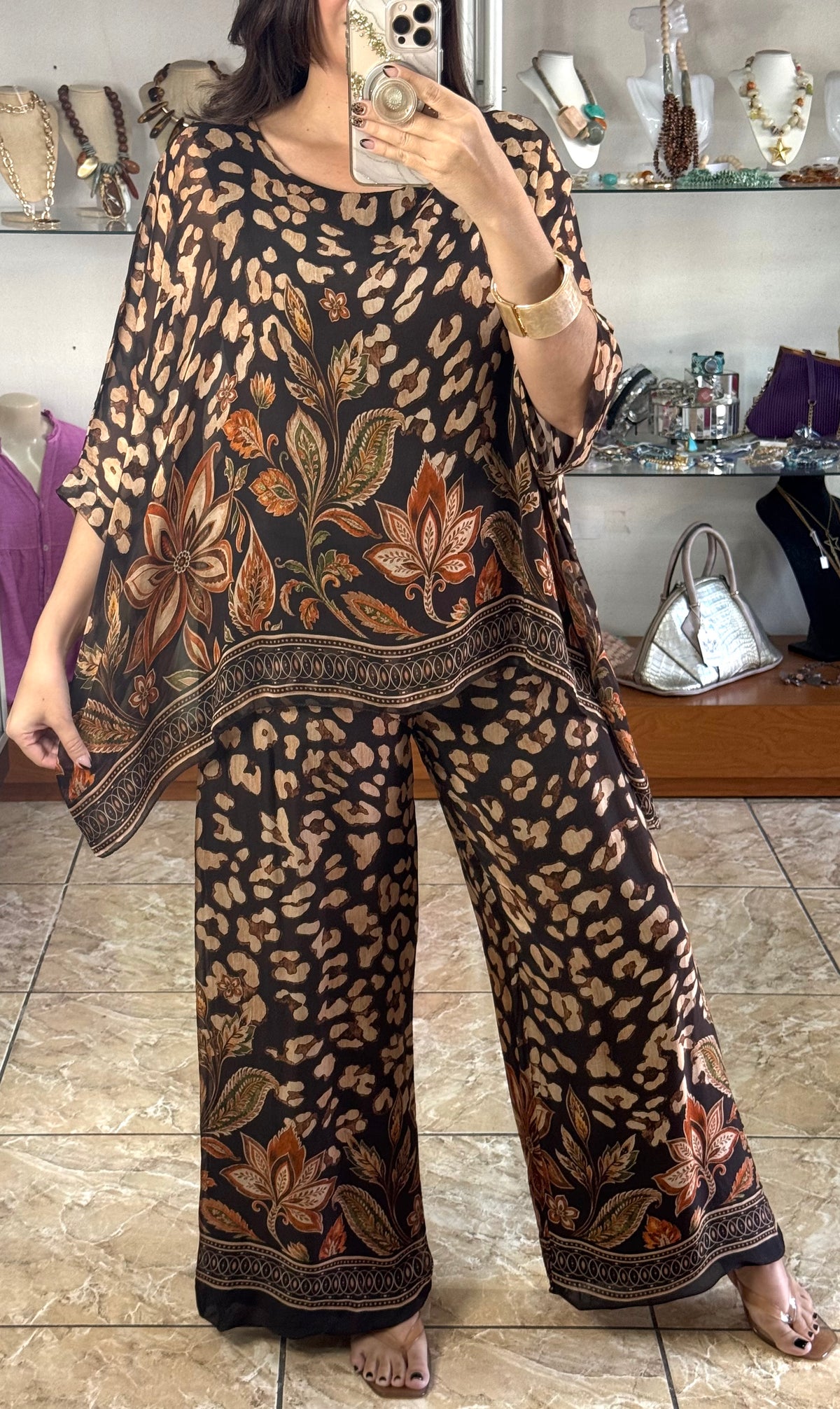 Leopard/Floral OS Silk Pant Set (NO RETURNS OR EXCHANGE)