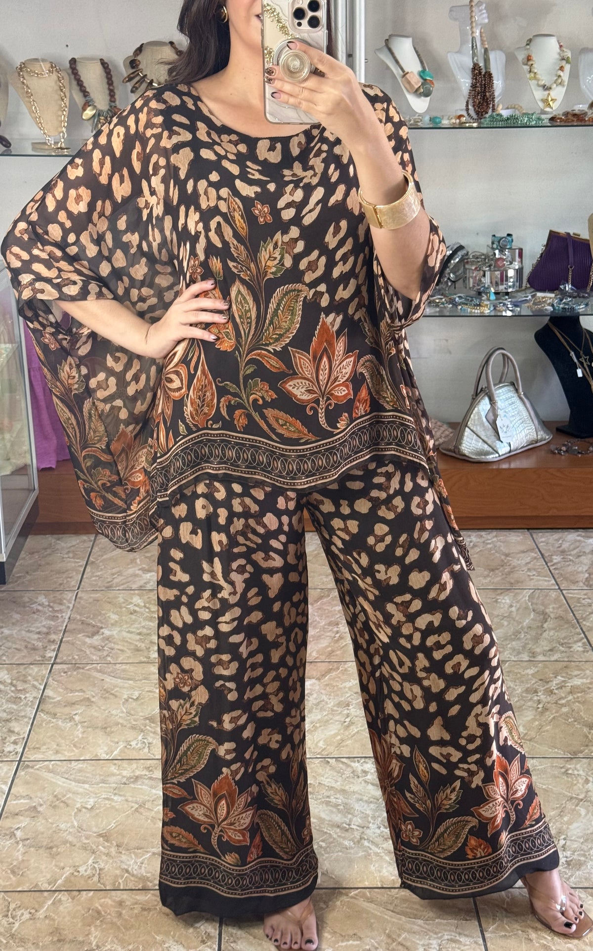 Leopard/Floral OS Silk Pant Set (NO RETURNS OR EXCHANGE)